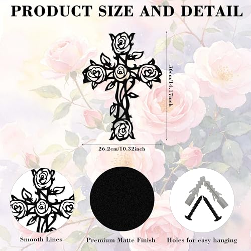Zckjnoi Black Metal Rose Cross Wall Decor, Christian Cross Floral Art for Church Home Bedroom Living Room Dining Room Porch, Religious Flower Cross to Hang on Wall, Cool Gifts for Christian