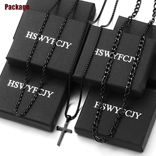 3Pcs Set Cross Necklace for Men, Mens Cross Necklace Cross Chain Layered Stainless Steel Rope Figaro Chains for Women Boys Gold Silver Black (20inch/22inch) - color: Black