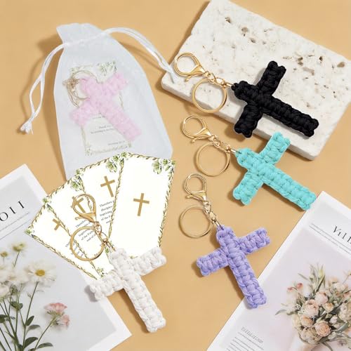 6 Set Cross Keychains, Christian Religious Keychains Bulk With Cards Organza Bags, Communion & Confirmation Presents - color: Multicolor