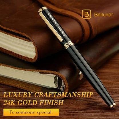 BEILUNER Black Personalized Pen,Stunning Luxury Lacquer With 24K Gold,Schneider Ink Refills,Multiple Fonts To Custom Rollerball,Gift Pen For Men & Women,Executive,Graduation,Christmas,Nice Pens - color: Black with Gold (Personalized)