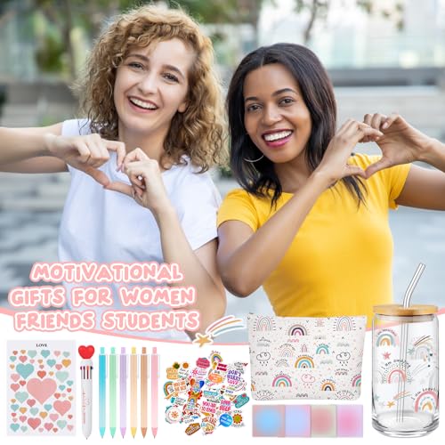 Watersay 64 Pcs Rainbow Inspirational Gifts for Women 16oz Glass Cup with Lid Straw Motivational Canvas Makeup Bag Pens Sticky Notes Stickers Stationery Accessories for Back to School - style: Rainbow