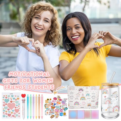 Watersay 64 Pcs Rainbow Inspirational Gifts for Women 16oz Glass Cup with Lid Straw Motivational Canvas Makeup Bag Pens Sticky Notes Stickers Stationery Accessories for Back to School - style: Rainbow