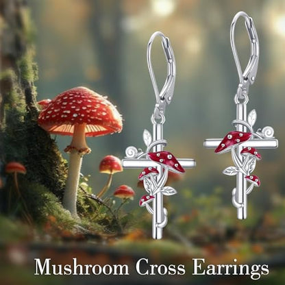 Flower Cross Earrings 925 Sterling Silver Daisy Butterfly Lily Violet Mushroom Dangle Drop Earrings Birth Flower Jewelry for Women Birthday Christmas Gifts - style: Mushroom Cross