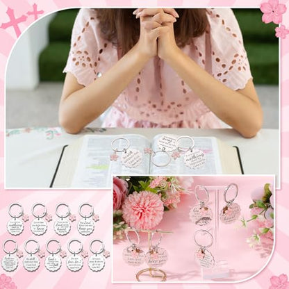 Nosiny 9 Pcs Christian Gift for Women Bulk Bible Verse Religious Keychain Baptism Faith Flower Cross Inspirational Gifts - style: Flower