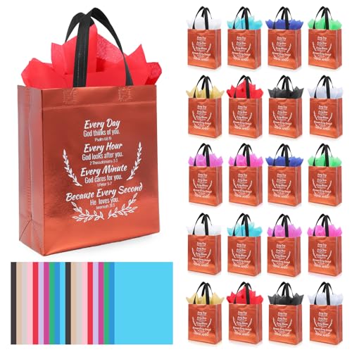 LUAVIARU 40 Pcs Bible Verse Christian Gift Bags Set – 20 Brown Reusable Gift Bag with Handles & 20 Tissue Paper, Religious Gift Bag for Church Events, Baptism, Easter, Communion, Congratulations - color: Brown, size: 20