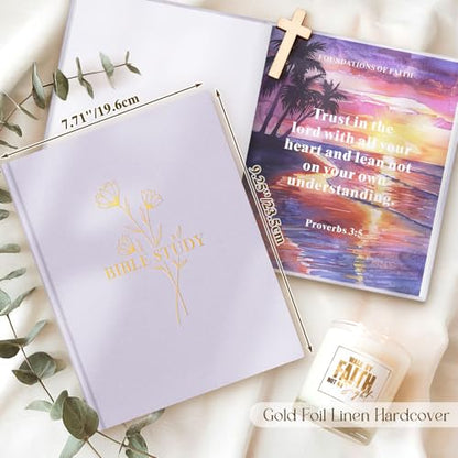 Lanpn Bible Study Journals for Women with Tabs & Highlighters, Church Notes Taking Daily Devotional Journaling, Linen Bible Prayer Guide Notebook Christian Religious Faith Based Gifts, Purple - color: Purple