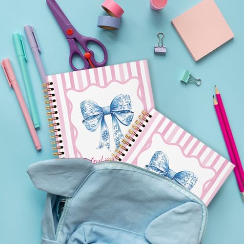 Grace Yonks Cute Pink and Blue Bow Bibles Journal Notebook, A5 Christian Spiral Notebook, Aesthetic Composition Book for Girls, Preppy School Supplies, 5.8" x 8.3" with 80 Pages(006)
