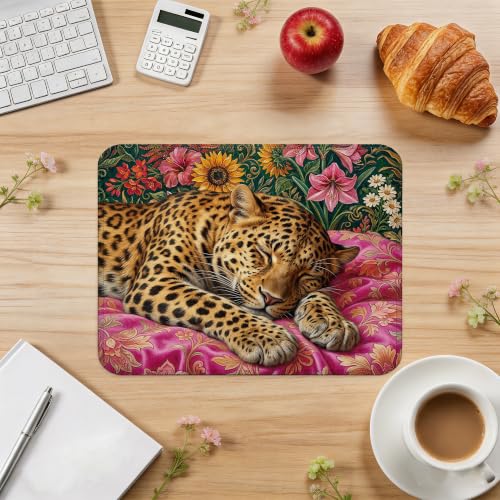 Sleeping Leopard Floral Mouse Pad Maximalist Desk Pad 9.5x7.9 Inch - color: Sleeping Leopard