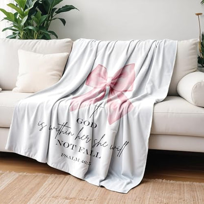 Coquette Pink Bow Christian Blanket, Christian Gifts for Women, Preppy Pink Bow Religious Bible Verse Throw Blankets for Girly Room Bedroom Dorm Apartment Couch Sofa, 50x60 Inches - color: Pink Bow