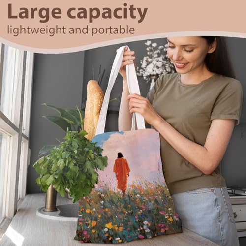 kunlisa Christian Tote Bag for Women, Christian Gifts for Women Faith Canvas Tote Bag - color: Jesus Was Among the Flowers