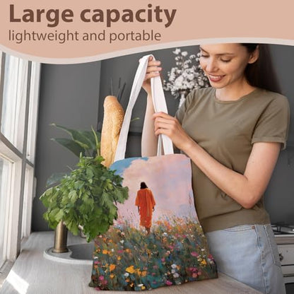 kunlisa Christian Tote Bag for Women, Christian Gifts for Women Faith Canvas Tote Bag - color: Jesus Was Among the Flowers