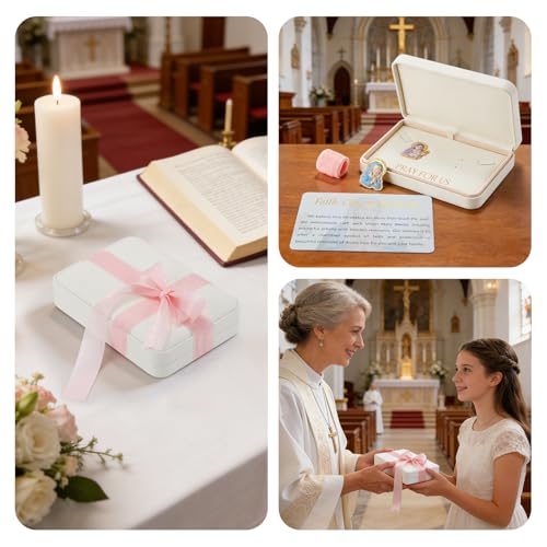 My First Religious Keepsake Box Set for Girls - 3D Virgin Mary Medal, White PU Leather Case & Blessing Card for Baptism, First Communion (Premium Keepsake Box - Rosary Not Included) - style: Style B