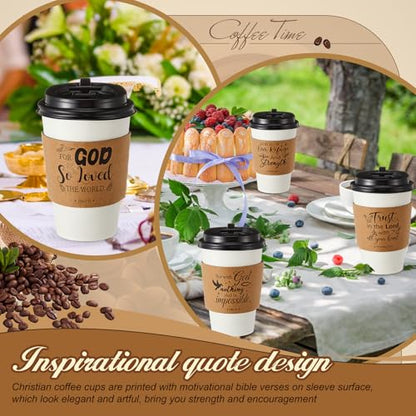 Jingmore 24 Set 12oz Christian Coffee Cups with Lids and Sleeves Disposable Bible Verse Paper Hot Cups for Religious Party Favors Sunday School Church Baptism