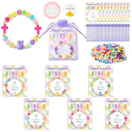 BeYumi Bunny Bracelet Craft Kit - 24Pcs Pack Christian Bunny and Cross Beads Bracelets with Jesus is Risen Gift Cards DIY Religious Faith Peeps Craft Kit Party School Classroom Fun Activities Kids - style: Easter Bunny