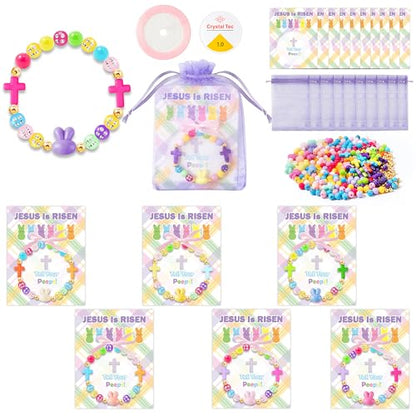 BeYumi Bunny Bracelet Craft Kit - 24Pcs Pack Christian Bunny and Cross Beads Bracelets with Jesus is Risen Gift Cards DIY Religious Faith Peeps Craft Kit Party School Classroom Fun Activities Kids - style: Easter Bunny