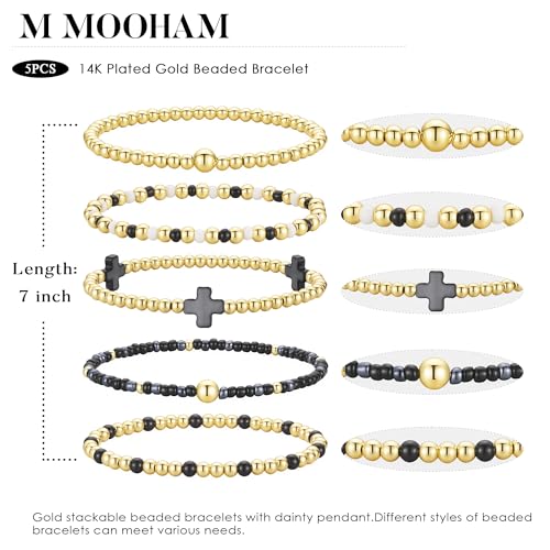 M MOOHAM Beaded Bracelets for Women Teen Girls, 14K Gold Bracelet Stack - color: Black Cross