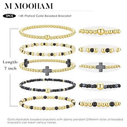 M MOOHAM Beaded Bracelets for Women Teen Girls, 14K Gold Bracelet Stack - color: Black Cross