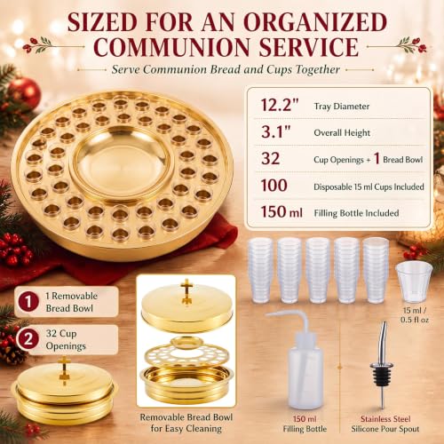 2-in-1 Gold Communion Tray Set for Churches with Lid, Hold Bread & 32 Cup