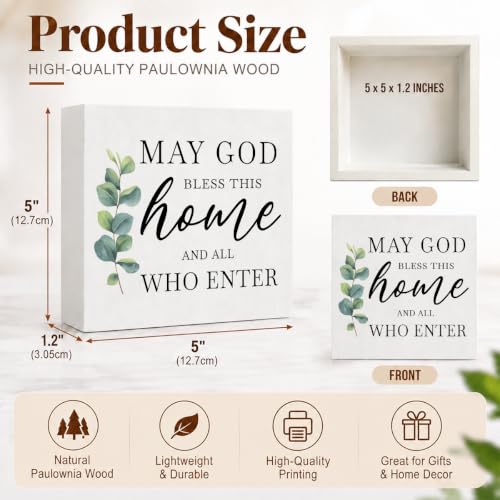 Blessed Signs for Home Christian Decor Wooden Box Sign Plaques, Rustic Religious Wood Block Plaque Box Sign Home Office Decor for Living Room Bedroom Bathroom Kitchen Desk Shelf Table - color: May God Bless This Home and Who Enter