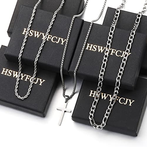 3Pcs Set Cross Necklace for Men, Mens Cross Necklace Cross Chain Layered Stainless Steel Rope Figaro Chains for Women Boys Gold Silver Black (20inch/22inch) - color: Silver