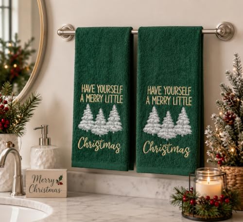 Christmas Green Guest Hand Bathroom Towels Merry Little XMas Trees, 16x26" - color: Little Christmas