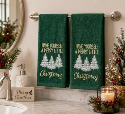 Christmas Green Guest Hand Bathroom Towels Merry Little XMas Trees, 16x26" - color: Little Christmas