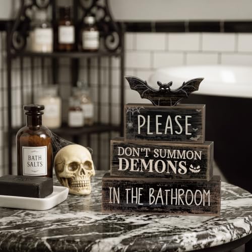 Moucuny 4 Pcs Halloween Table Decoration Gothic Bat Wooden Stacked Blocks - style: Bat & Demon