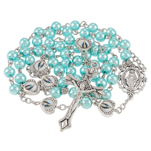 Rosary Beads Catholic, Rosary Necklace with Leather Pouch with Magnetic Top Bag for Men and Women Christian Gifts - color: Blue