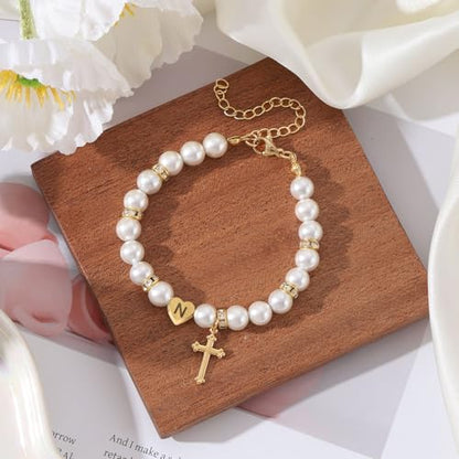 enasal First Communion Gifts for Girls Teens, Initial A-Z Cross Pearl Bracelet for Christian Catholic Daughter Goddaughter - color: Initial-S
