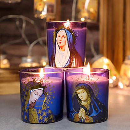 Jar Candles Rosemary Scented Soy Candle Set of 3 Blessed Virgin Mary Devotional Vigil Candles Long Lasting Burn for Catholic Church Home Altar Religious Prayer Spiritual Meditation - color: Religious Theme