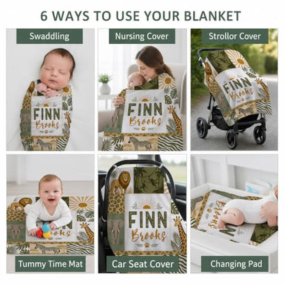 Personalized Safari Animal Baby Blanket, Custom Jungle Baby Blanket - color: Green #10