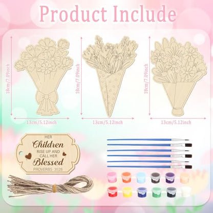 Hollowfly 24 Sets Religious Mother's Day Crafts Color Your Own Wooden Flower Cards Sign with Paint Pots & Brushes DIY Mother's Day Christian Gift for Church Sunday School Classroom Activities