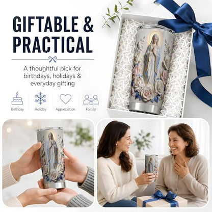 Virgin Mary Blue Rose Statue Art 20oz Tumbler, Virgin Mary Tumbler for Daily Drinkware, Halo Floral Frame Illustration, Catholic Devotional Cup, Religious Design for Women Men Use - color: Virgin Mary 1