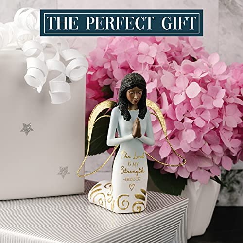 Pavilion Gift Company The Lord is My Strength Exodus 15:2-5.25 Inch African American Kneeling Praying Collectible Resin Angel Figurine, Blue