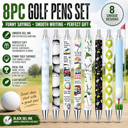 8PC Golf Golfing Pens Black Gel Ink For Themed Party Decorations Tournament Prizes Decorative Stationery Office Supplies Desk Accessories Set Souvenirs Gifts With Funny Cool Sayings For Men Coworkers - style: Golf