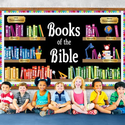 ojustbeok Books of the Bible Learning Bulletin Board Set Faith Religious Christian Back to School Classroom Bulletin Board Bible Learning Bookshelf Cutouts for Home Sunday School Wall Chalkboard Decor - style: Books of the Bible