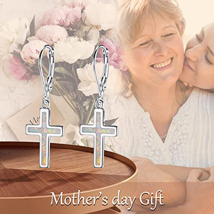 EVER FAITH 925 Sterling Silver Cross Earrings Created Opal Dangle Leverback Earring Minimalist Church Jewelry - color: White