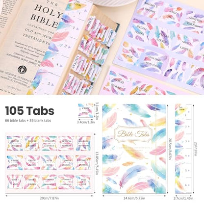 Bible Tabs For Women, 66 Large Print Laminated Bibles Chapters Index Tabs and 39 Blank Dividers Sticky Labels, Cute Beauty Feather Bible Study Supplies, Journaling Accessories, Christian Gifts for Men - style: P-feather