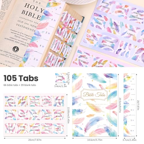 Bible Tabs For Women, 66 Large Print Laminated Bibles Chapters Index Tabs and 39 Blank Dividers Sticky Labels, Cute Beauty Feather Bible Study Supplies, Journaling Accessories, Christian Gifts for Men - style: P-feather