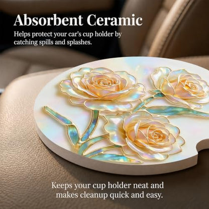 Floral Car Coasters Set of 2, Glitter Wildflowers Car Accessories, 09 - color: Glitter Wildflowers