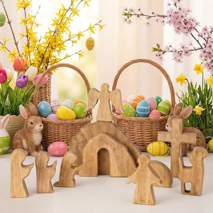 10 Pcs Easter Resurrection Scene Set Wooden Empty Tomb Easter Decorations Christian Nativity Scene Decor Cross Jesus Tomb Tray Set for Religious Home Office Tabletop Christian Gifts