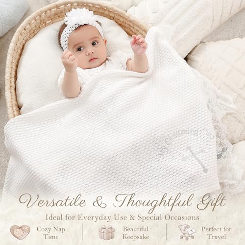 Cotton Baby Baptism Christening Blanket with Lace Trim, 40"x40" - color: Bapatism Lace Blanket