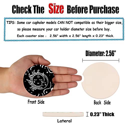 2.56" Small Absorbent Car Coasters (2-Pack) - Ceramic Cup Holder Coasters for Cars, Anti-Slip & Spill-Proof - Keep Cupholders Clean & Dry - color: Sun and Moon