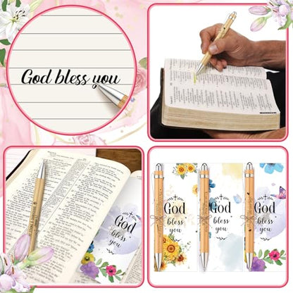 50 Set Bible Verse Bamboo Pens with Prayer Bookmarks Cards Christian Gifts Bulk Religious Church Black Ink Ballpoint Pens Inspirational Scripture Cards for Women Men VBS Student Christmas(Floral) - style: Floral