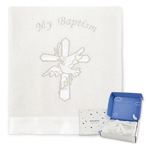 Cotton Knit Baptism & Christening Blanket, Embroidered Cross 40"x31" - color: Bapatism Satin Trim Blanket