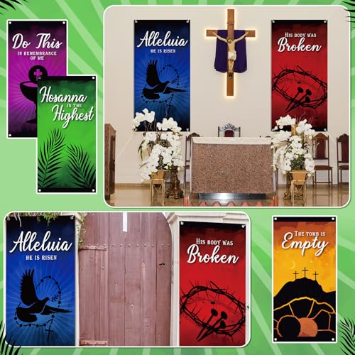 Sayglossy 6 Pcs Easter Church Banners for Sanctuary 6 x 3 ft Church Banners with Scripture Religious Empty Tomb He is Risen Hanging Backdrop Signs for Indoor Easter Holy Week Christian Event