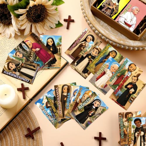 Motiskyy 120 Pcs Spanish Catholic Prayer Card with Saint Virtue Christian Holy Prayer Card Bookmark Bulk for Teacher Student Sunday School Classroom Church Bible Study Religious Party Favor - style: Spanish Virtue Style
