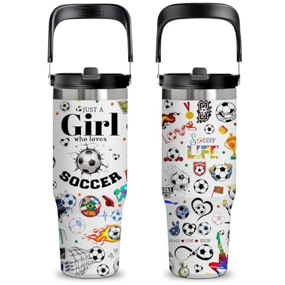 30oz Stainless Steel Insulated Tumbler with Handle, Soccer Gifts for Girls - color: Soccer1