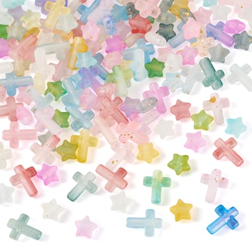 200Pcs Cross Star Acrylic Beads with Gold Foil Pastel Kandi Bead Crucifix Bracelet Halloween Beads for Keychain Crafts DIY Easter Jesus Bracelet Rosary Jewelry Making Supplies - color: Random Gradient