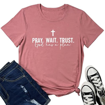 LOOKFACE Women Pray Wait Trust Soft Tees Cute Graphic T Shirts - color: Mauve, size: Small